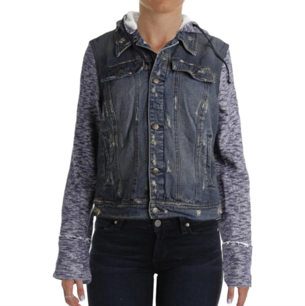 Free People Distressed Denim Jacket With Knit Sleeves and Hood - Picture 1 of 11